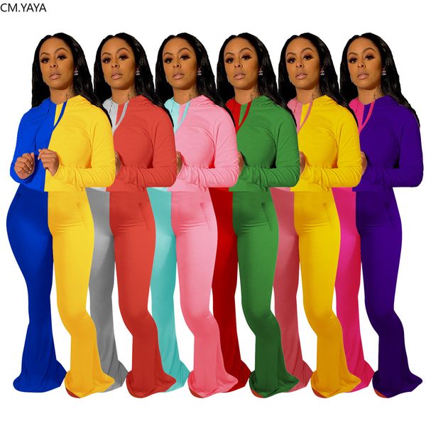 

autumn active wear patchwork womens set hoodies flare bell bottom pants suit trasuit two piece set fitness outfitby air, White