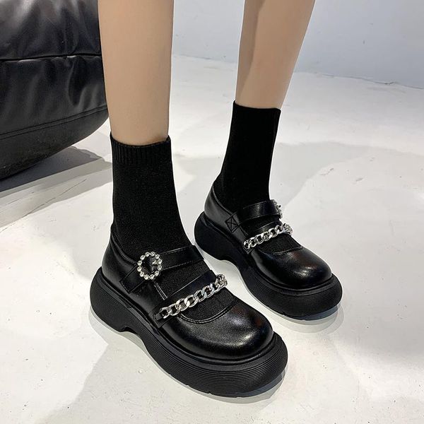 

boots fashion chain decoration buckle round toe spring autumn keep warm outdoor casual light ladies shoes student party, Black