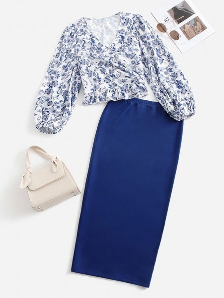 

floral print lantern sleeve wrap & pencil set l6ap#, White