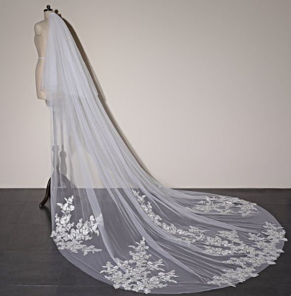 

bridal veils two tiers wedding veil, floral lace soft tulle applique cathedral length chapel handmade long, Black
