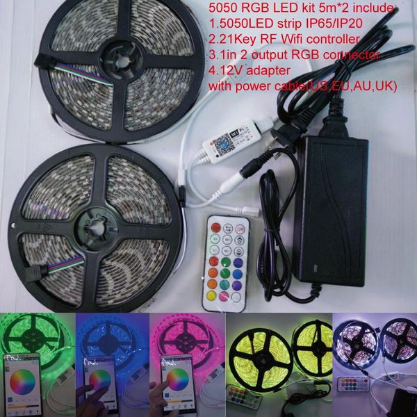 

5m*2rolls 600led rgb smd flexible led strip+21key rf wireless wifi ios & android diy muisc color controller+12v adapter kit strips