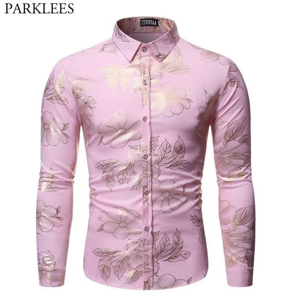 Camicia da festa con stampa floreale oro Uomo Autunno Slim Fit manica lunga Camicie eleganti da uomo Casual Button Down Chemise Homme Pink 210522
