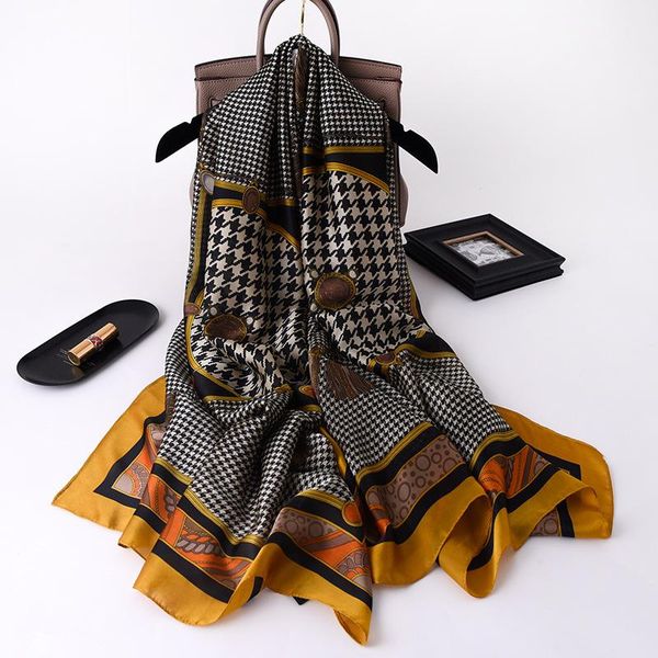 

brand silk scarves summer women shawls and wraps print hijabs scarfs foulard femme houndstooth beach stoles, Blue;gray