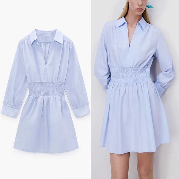 

za spring elastic waist pleated dress women long sleeve smocked sky blue office lady dresses woman elegant mini dress 210602, Black;gray