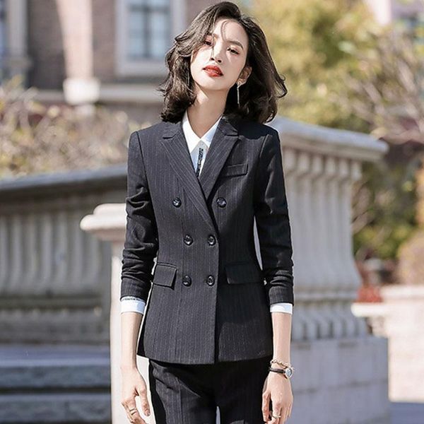 

1pcs women's plus size blazers coats 2021 autumn cotton double-breasted stripe small suits jackets ladies skinny office &, White;black