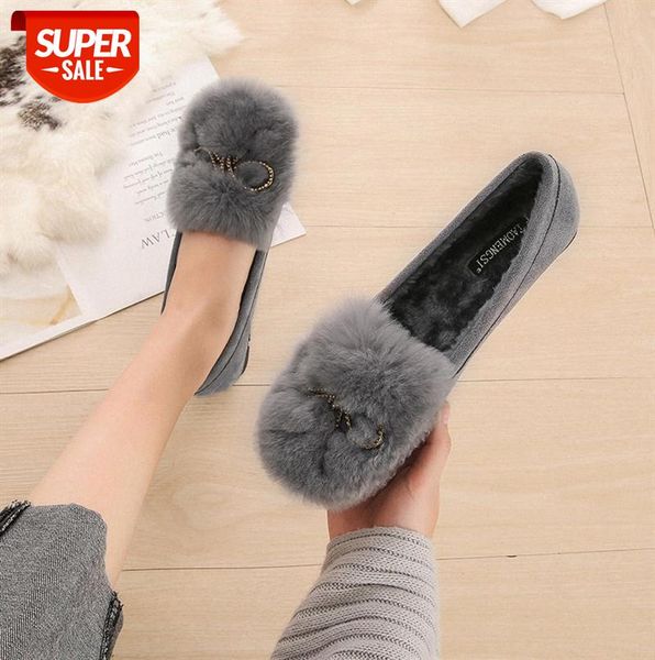 

rabbit fur suede plush shoes women's bow peas soft soles plus velvet warm maternity #3u85
