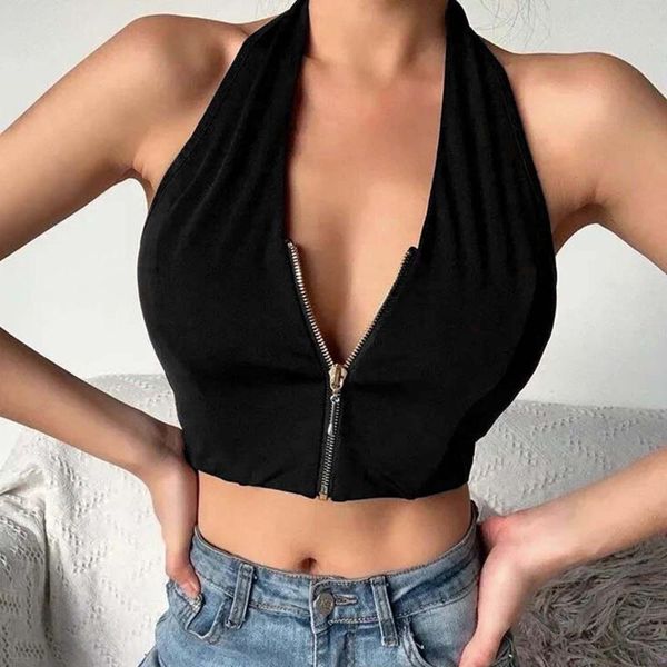 

women's blouses & shirts black color halter v-neck zip vest tank top, White