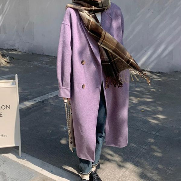 

women's wool & blends korean version japanese overcoat autumn winter fashion loose keep warm lapel long sleeve woolen coat, Black