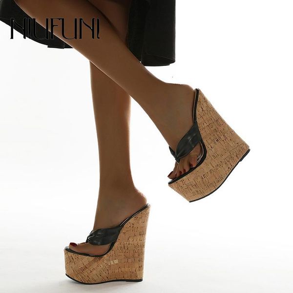 

slippers summer fashion flip flops women's shoes 17 cm super high heel wedge sandals for outer wear plus 35-42 95cy, Black