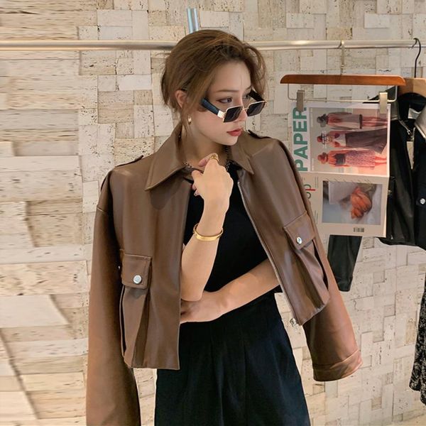 

women's leather & faux fall winter women coat fashion casual all-match short jacket collar zip pockets streetwear female bike coats kor, Black