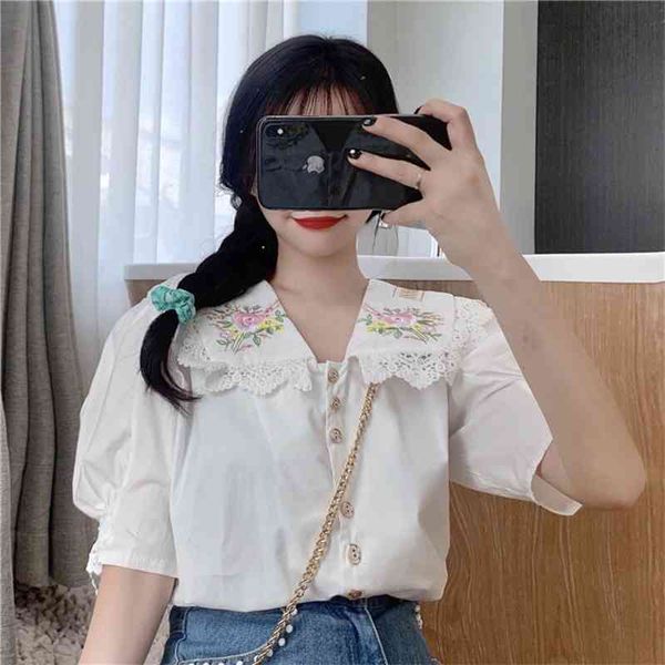 

japanese lolita style summer women blouse peter pan collar floral embroidery shirt elegant cute kawaii preppy girl's blusas 210515, White