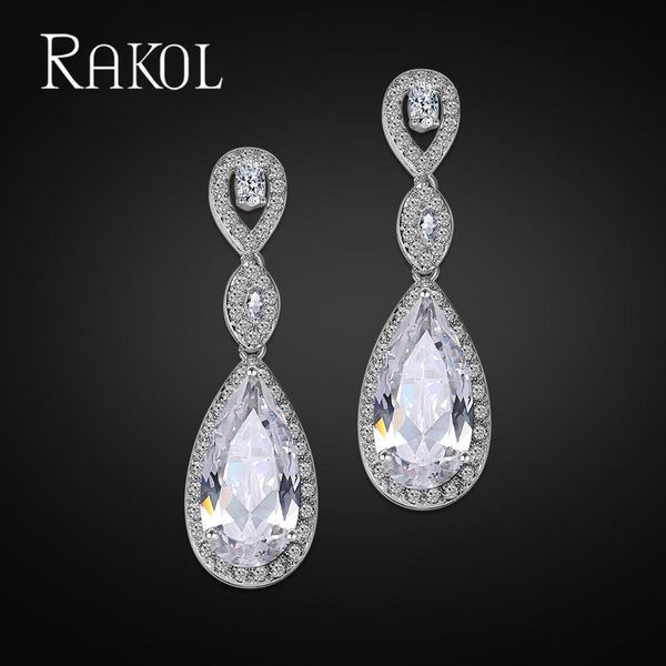 

hoop & huggie rakol fashion geometric shape zirconia micro inlays ladies earrings personality wedding jewelry trend in 2021 re029, Golden;silver
