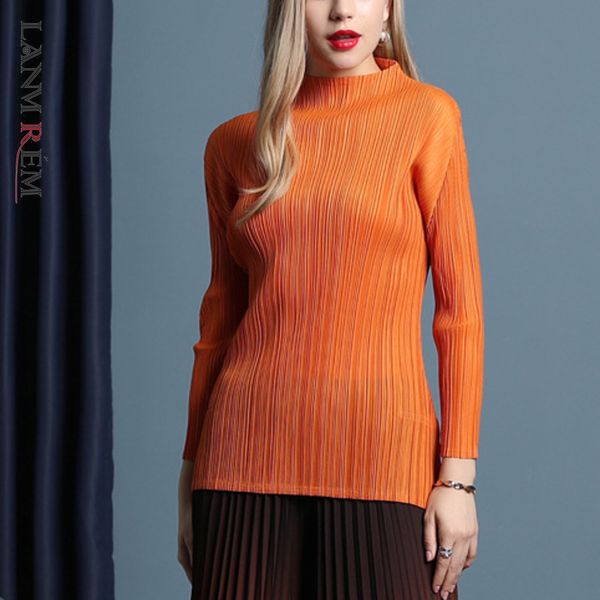 

long sleeve t-shirt stand collar solid color pleated shirt women casual loose slim spring summer tc832 210507, White