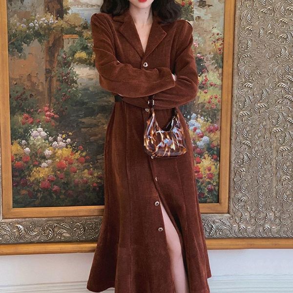 

retro style mermaid ladies dresses autumn winter the fashion simple designer elegant lapel long sleeve single-breasted casual, Black;gray