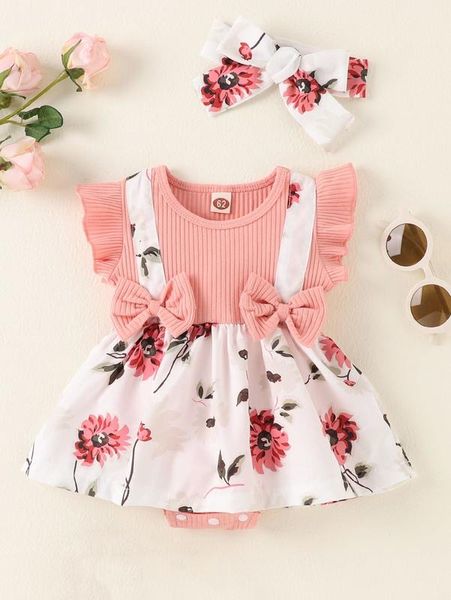 

baby floral print ruffle trim 2 in 1 combo bodysuit dress with headband she, Red;yellow