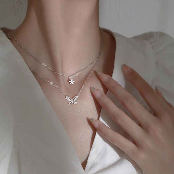 

chains 925 sterling silver butterfly necklace for women double layer cz flower clavicle chain necklaces party jewelry 2021
