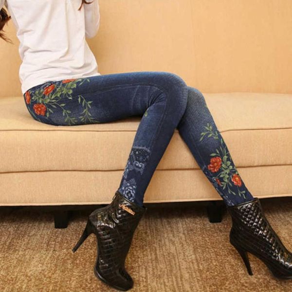 

autumn women's printed jeans tight-fitting bottoming imitation denim rose flower thin elastic pants dark blue
