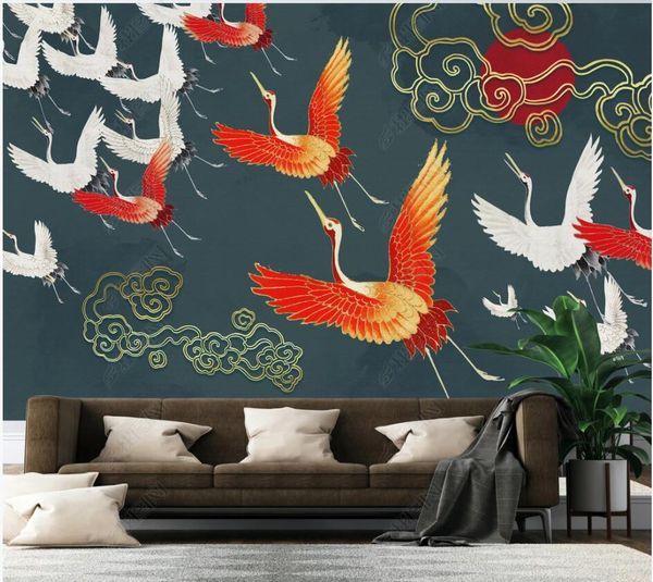 

3d p wallpaper custom mural chinese style luxury golden hand-painted illustration crane flying home decor in the living room 3d wall murals