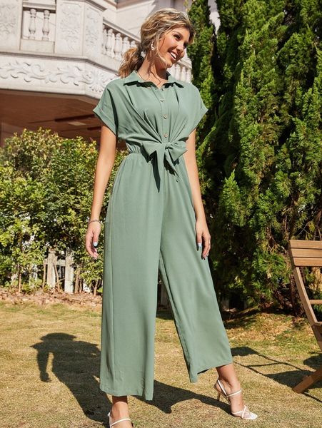 

solid button tie front jumpsuit a0rz#, White