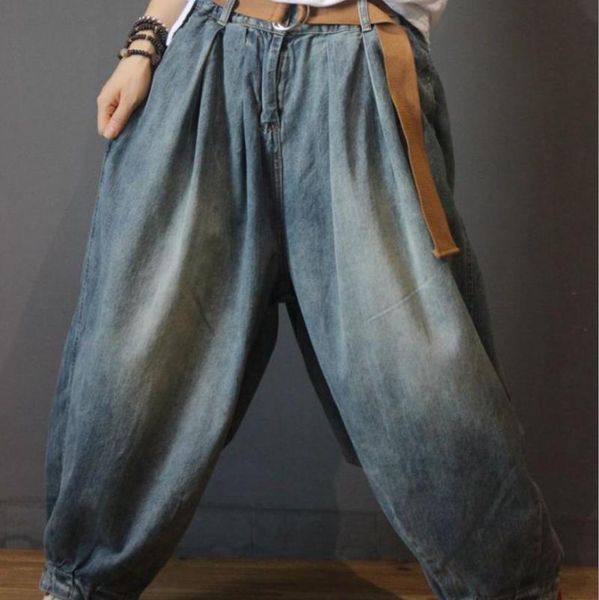 

women's jeans 2021 spring retro women large size loose denim pants bleached ladies knickerbockers h69, Blue