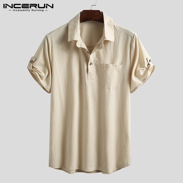

men's casual shirts incerun cotton men shirt brand short sleeve solid color 2021 breathable streetwear camisas hombre harajuku lapel, White;black