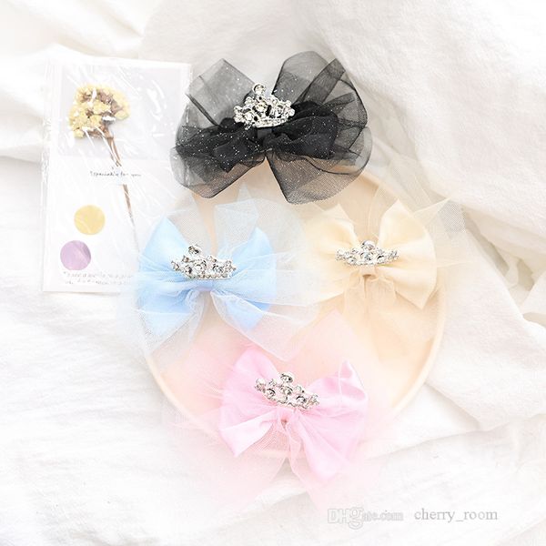 

2021 baby girls tulle butterfly bowknot hair clip lovely beaded crown children head accessories gauze bow princess barrette d149, Slivery;white