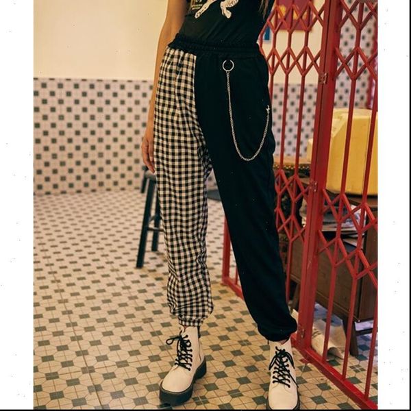 

women plaid womens capris patchwork cargo pants punk harajuku high waist loose baggy street hip hop sports casual trousers joggers, Black;white