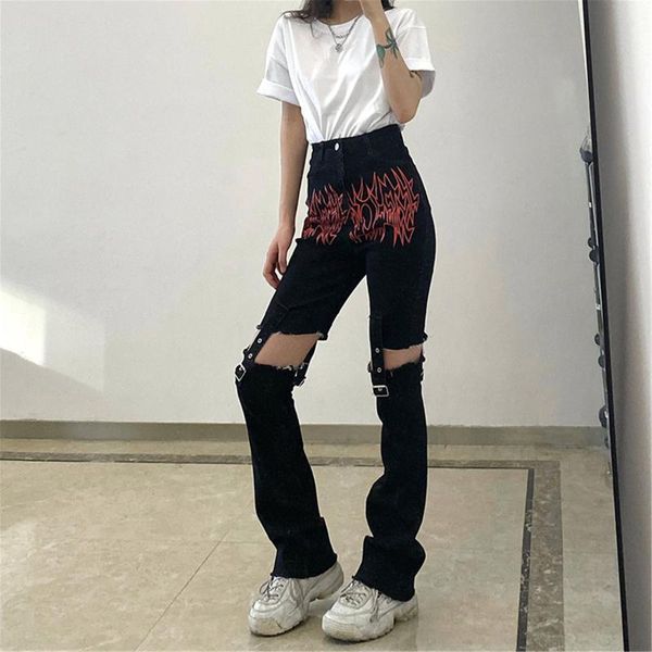 

women's jeans gothic print cut out women button high waist punk trousers autumn denim long pants vintage 90s harajuku streetwear t6, Blue