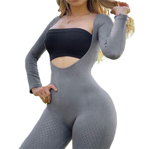 

2pcs womens contrast color jumpsuits low collar long sleeve high waist jumpsuit + sleeveless breast wrap ladies gym clothes women's jum, Black;white