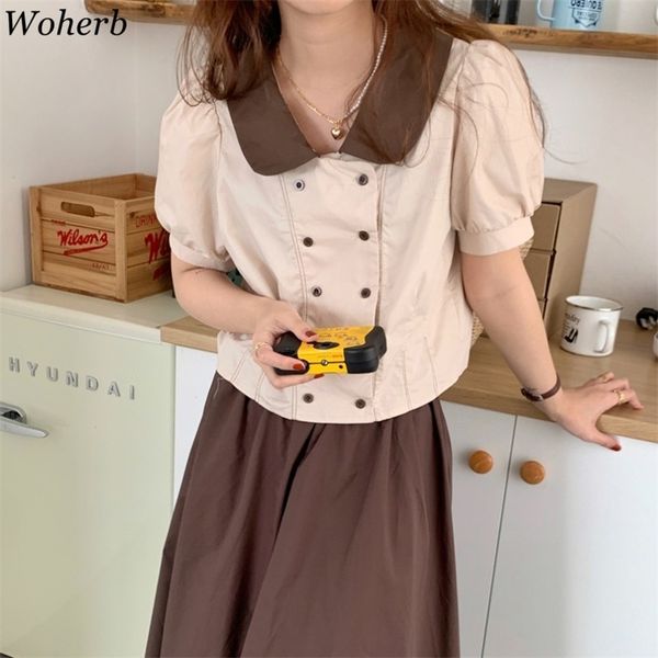 

women blouses korean vintage blusas mujer peter pan collar puff sleeve shirts double breasted slim short elegant 210519, White