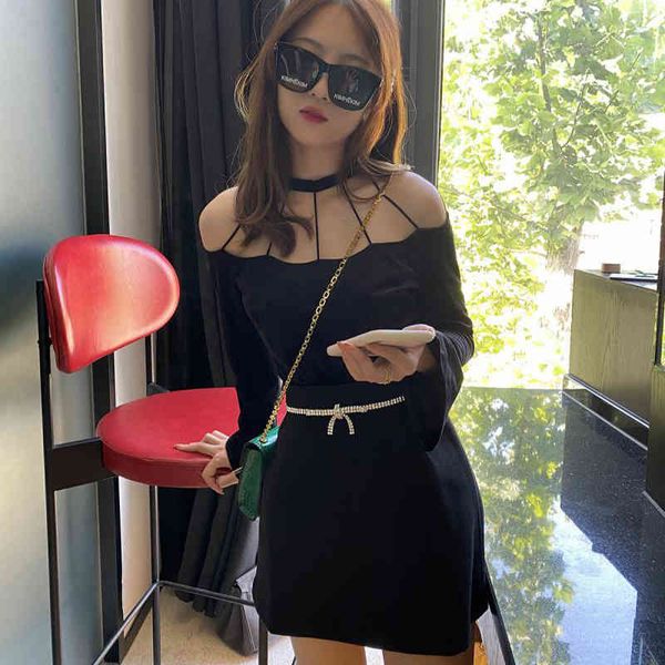 

casual dresses luxury designer autumn fashion halter neck strapless waist slimming solid color bodycon party club mini dress pv7g, Black;gray