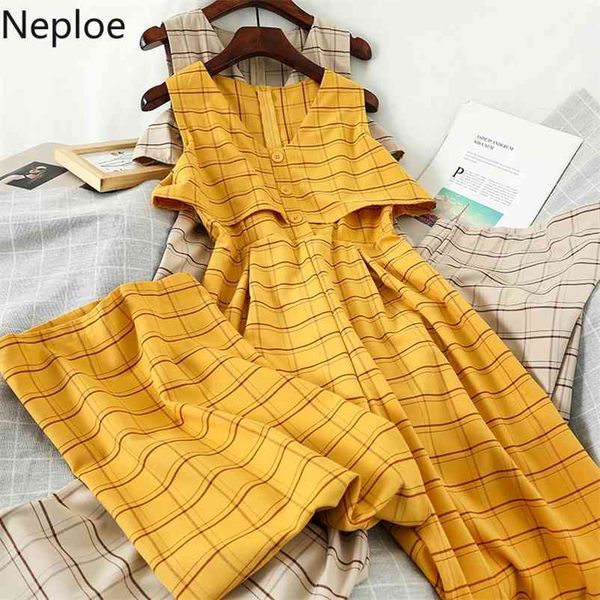 

high waist hip wide leg jumpsuits women summer holiday fashion fake 2 pcs vest plaid bodysuit sleeveless playsuit 48723 210422, Black;white
