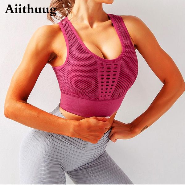 

yoga outfit aiithuug women's seamless high impact sports bra mesh back gym activewear workout running crop hollow