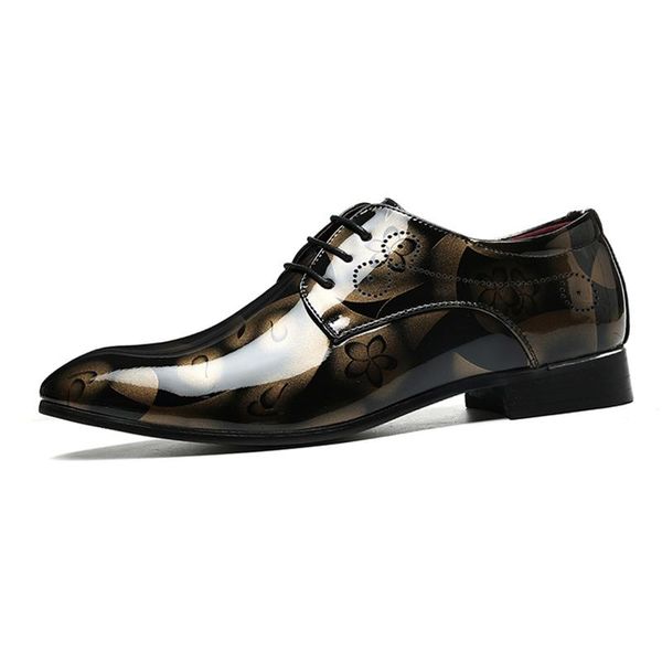 

dress shoes bright leather men brand fashion groom wedding flowers print pointed toe lace up business 38-48, Black