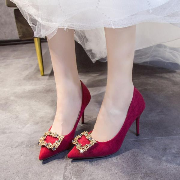 

dress shoes super high 9 cm crystal bridal wedding heels women 2021 fashion flock pumps stiletto wine red, Black