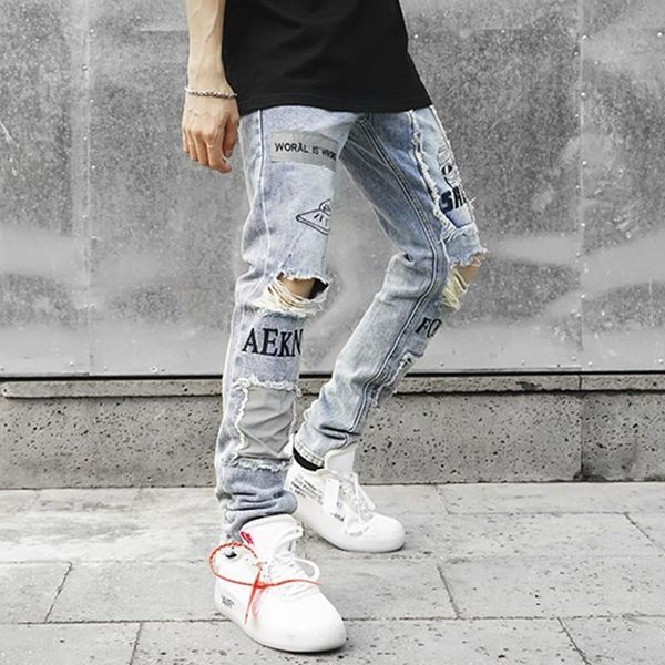 

men's jeans 2021 autumn men skinny ripped vintage biker jogger hole baggy denim slim fit casual pants streetwear, Blue