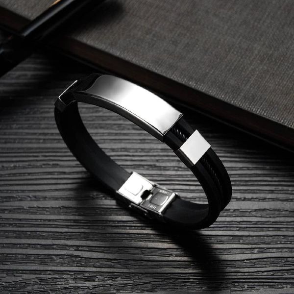 

men wrist band bracelet with black grooved silicone wire rope insert punk wristband stainless steel stylish casual bangle charm bracelets, Golden;silver