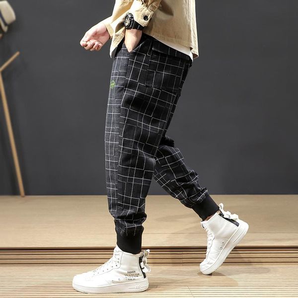 

men's jeans japanese vintage fashion men loose plaid casual cargo pants wide leg harem trousers streetwear hip hop joggers, Blue
