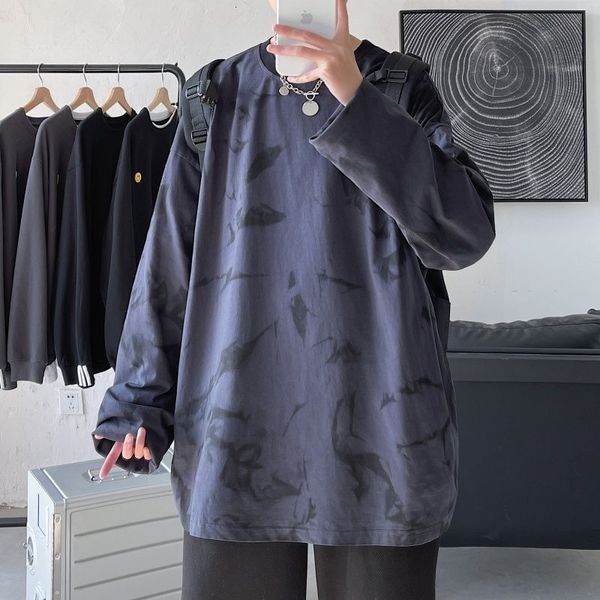 

men's t-shirts spring tie-dye t-shirt fashion retro casual o-neck t shirt men streetwear korean loose long-sleeved tshirt mens top, White;black