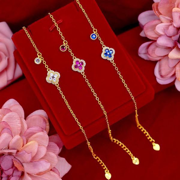 

link, chain bracelet women four-leaf clover micro-inlaid versatile luxury jewelry yellow gold filled sparkling zirconia wrist gift, Black