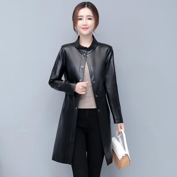 

motorcycle leather coat female slim long women's clothing fashion leisure plus size jacket black & faux