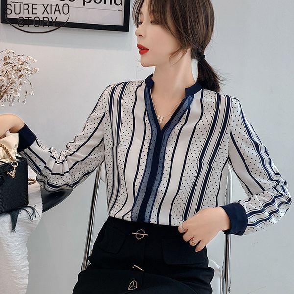 

slim stripe long sleeve shirt female design sense point ladies autumn v-collar chiffon women blouses 6727 50 210510, White