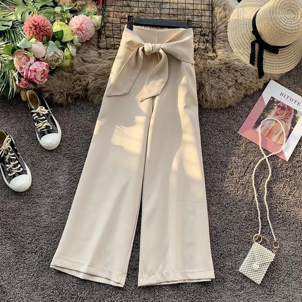 

women's pants & capris spring summer 2021 korean women loose bowknot lace up casual wide-leg lady fashion high waist solid nine points, Black;white