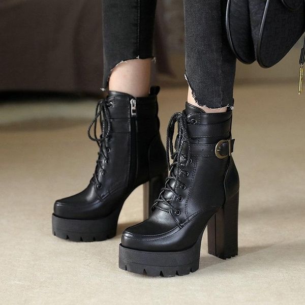 

boots british style women's short thick heels high soled shoes, Black