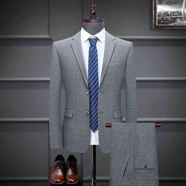 

luxury men's suits blazers suit flat lapel button decoration korean slim fit grey small lattice men's suit two-piece set, White;black