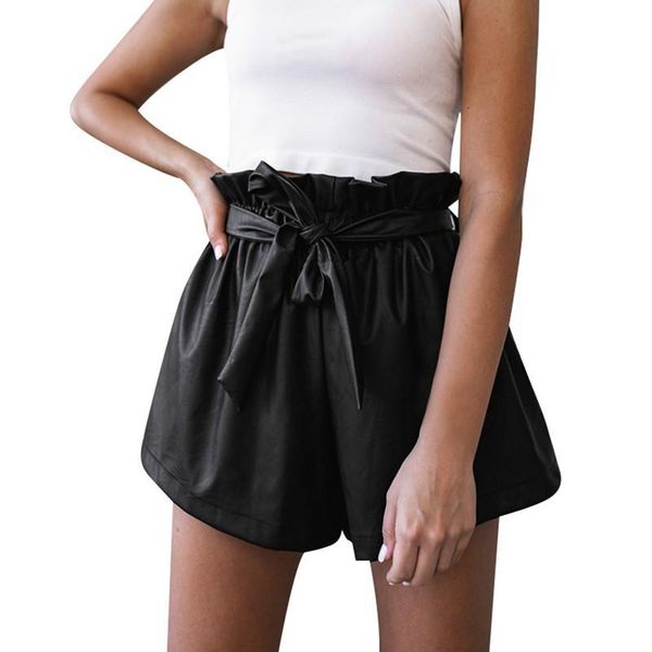 

women's 2021 summer new women pu leather wide leg with belt high waist casual loose shorts black, White;black
