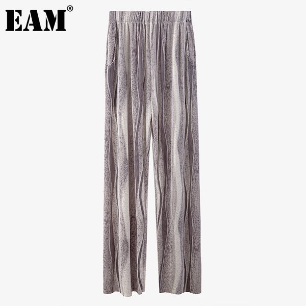 

[eam] blue contrast color pleated high elastic waist trousers loose fit pants women fashion spring summer 1dd8515 210512, Black;white