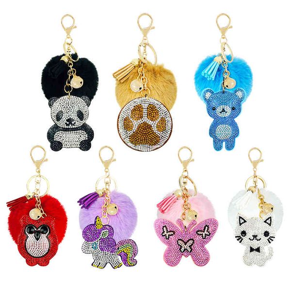 

31-color creative gift rhinestones flannel hair ball key clasp unicorn butterfly little bear cartoon animal accessories, Slivery;golden