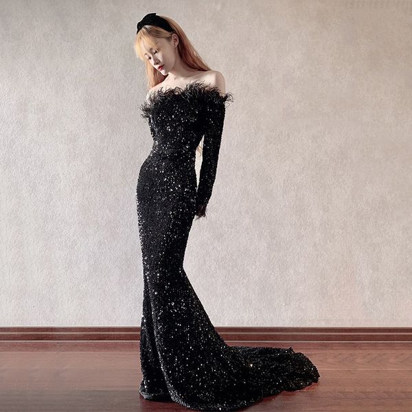 

feather evening dr's banquet atmosphere fish straight shoulder tail aura queen long sleeve slim fit, Black;gray