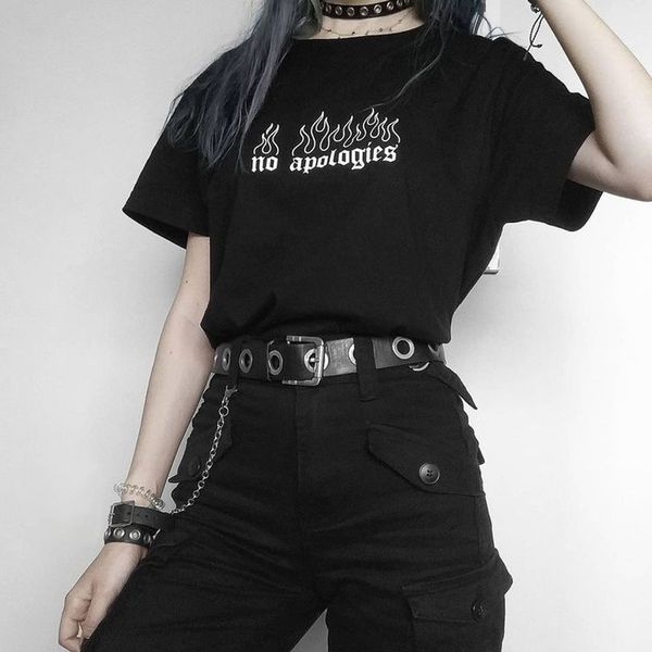 Нет Извинений Письмо эстетические Женщины футболка Harajuku Vintage Graphic Смешные Tee Grunge Стиль O-образным вырезом Хлопок Уличная Одежда Tops Support 210518